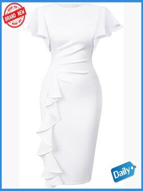 Vintage Church Midi Dress with Ruffle Sleeves Ruched Bodycon Work Pencil Dress